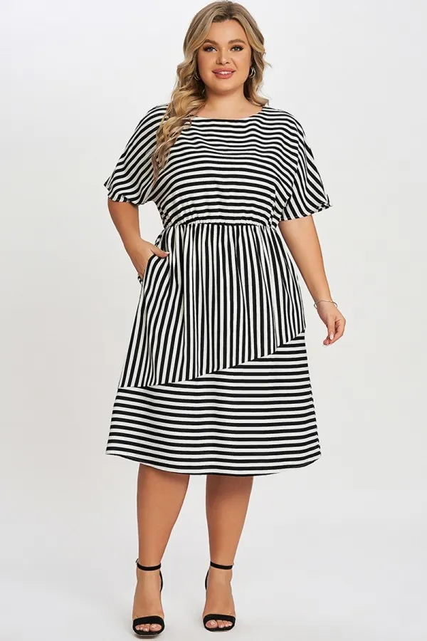 Striped Elasticized Waistband Slit Pocket Shirtdress