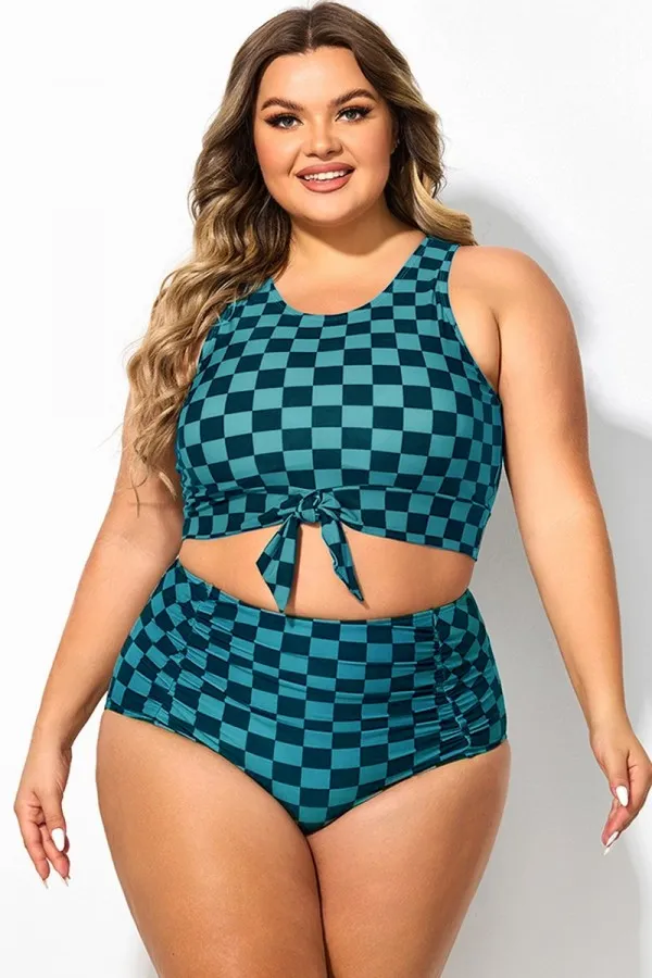 Plus Size Green Stripe Knotted Crop Bikini Top