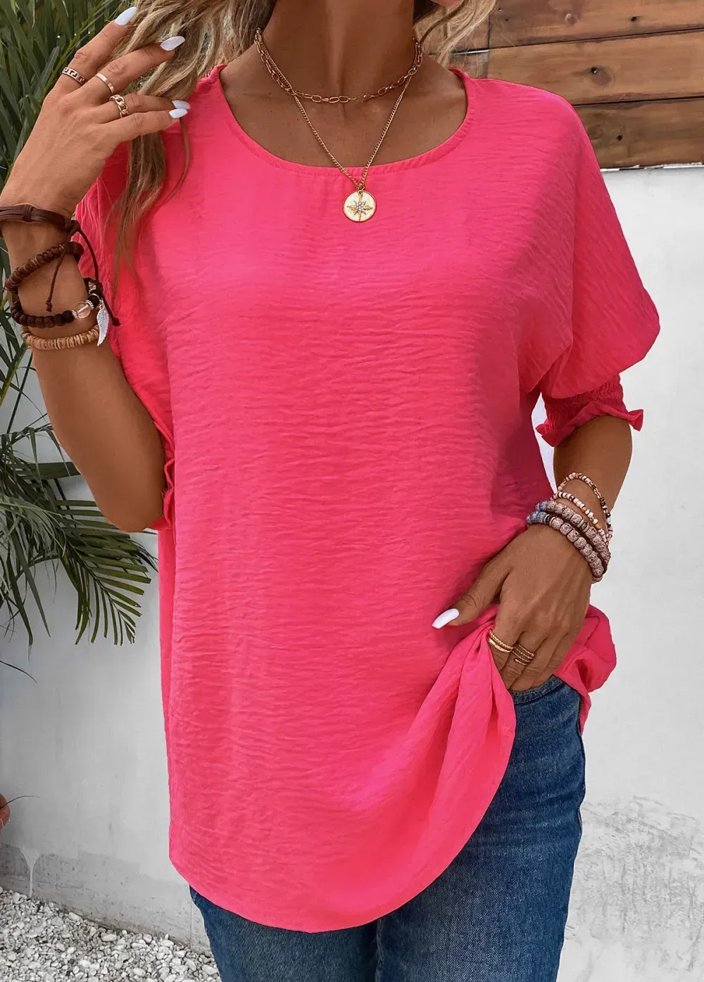 Hot Pink Smocked Half Sleeve T Shirt