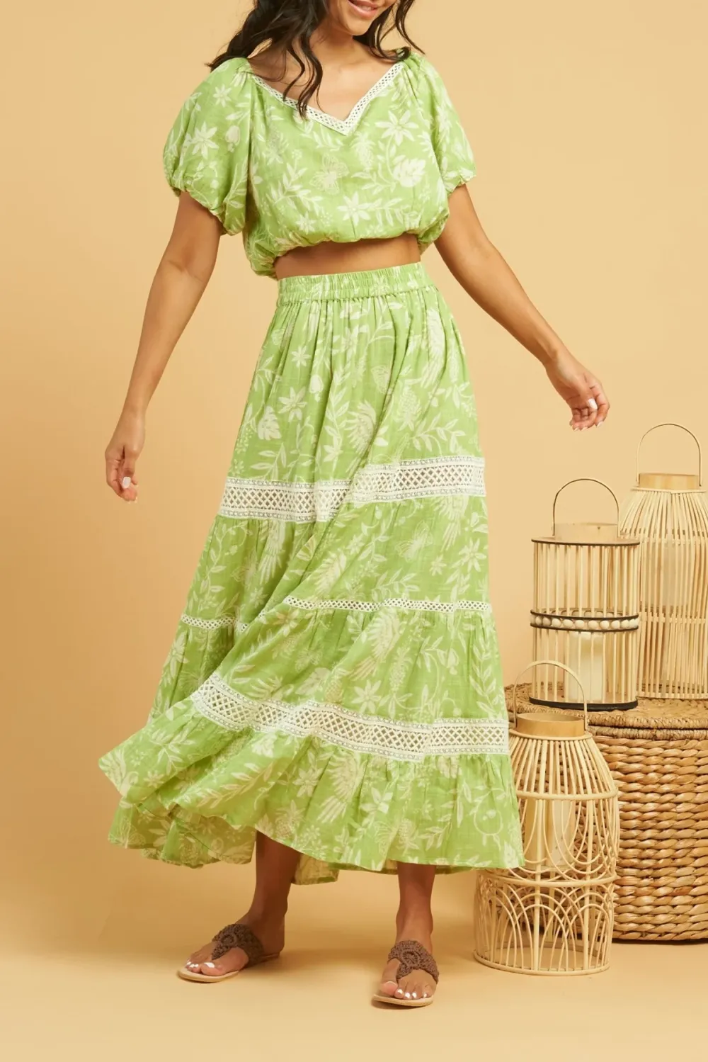 Light Green And White Lace Trimmed Maxi Skirt