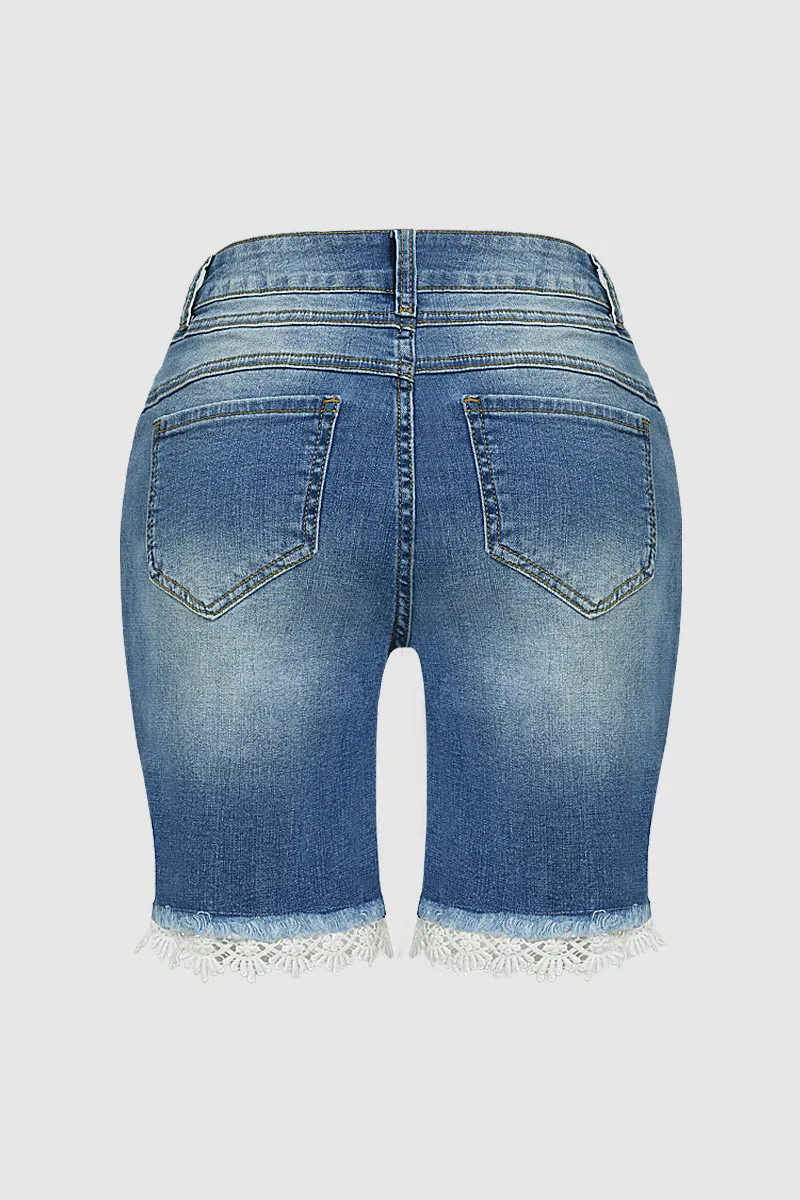 Lace Trim Raw Hem Mid Waist Denim Mid Thigh Shorts