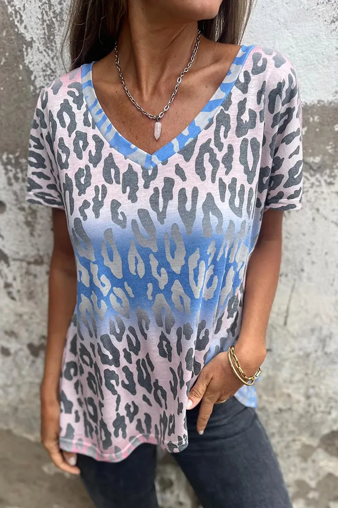 Women's Leopard print gradient V-neck strap casual T-shirt