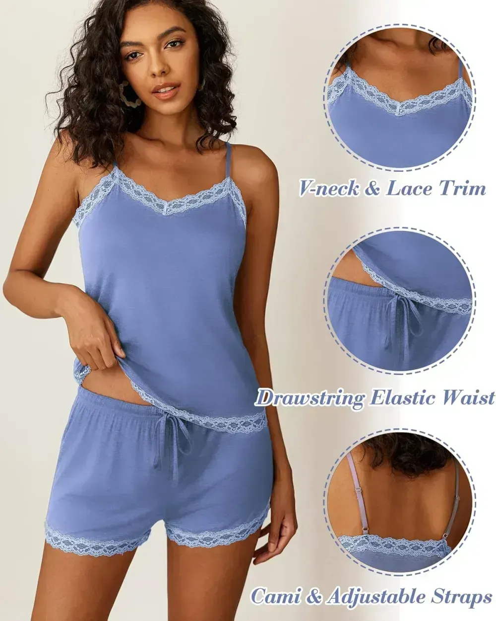Women Cami Pajama Set Modal Sleepwear Lace Trim Short PJ Set with Shorts
