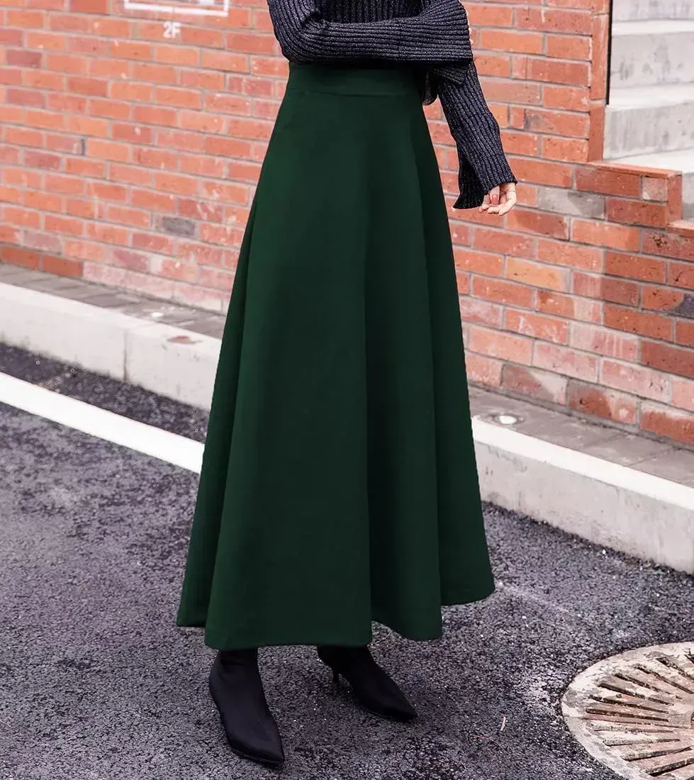 Women's Winter Elegant Warm Long Skirt Wool Maxi Skirts Elastic Waist A-Line High Waist Plaid Pleated Skirt S-3XL