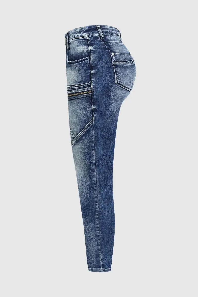 Zip Pocket Roll Hem Mid Waist Crop Jeans Without Belt