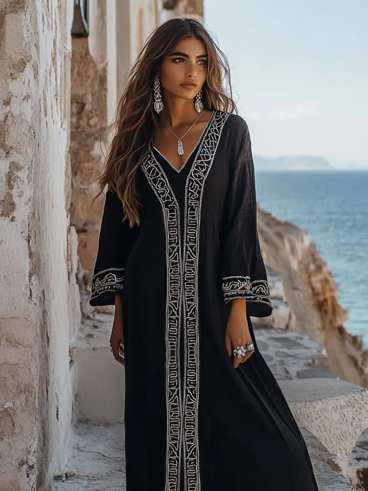 Elegant Greek Key V Neck Linen Blend Maxi Dress