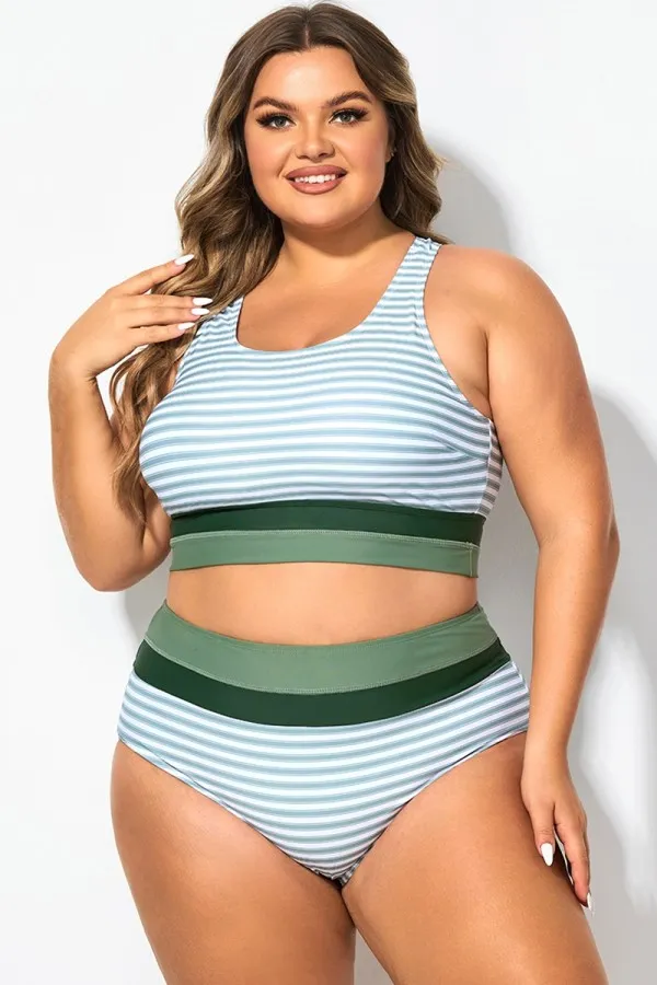 Plus Size Round Neck Black Patchwork Bikini Top