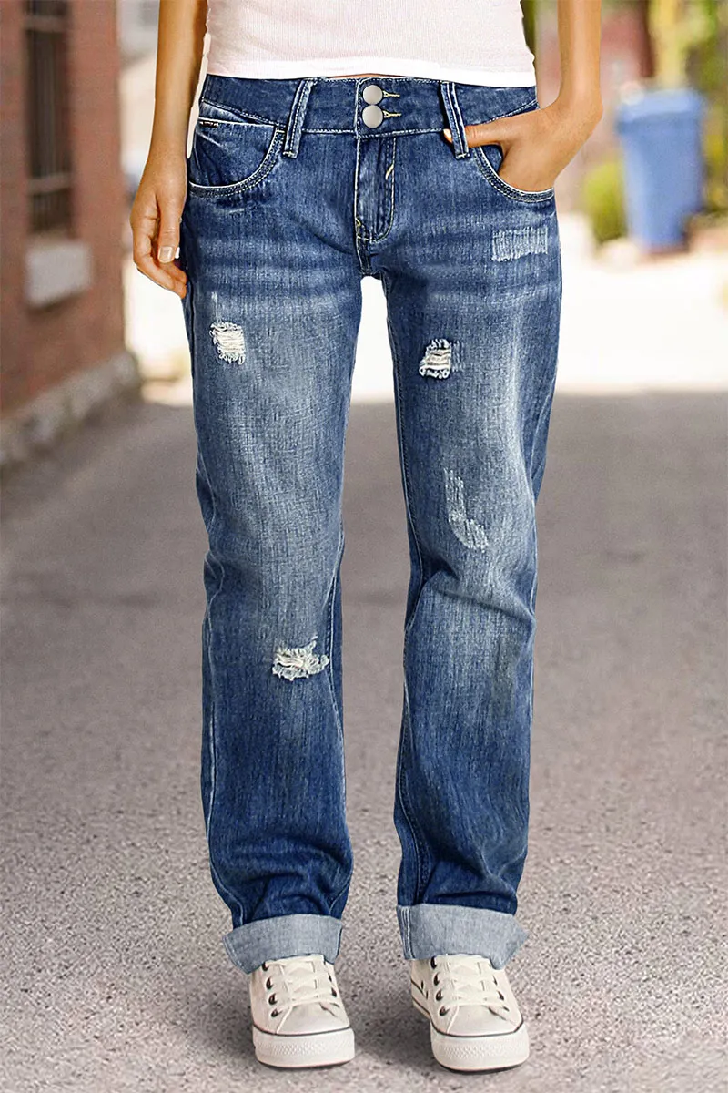 Wash Ripped Double Button Mid Rise Straight Leg Jeans