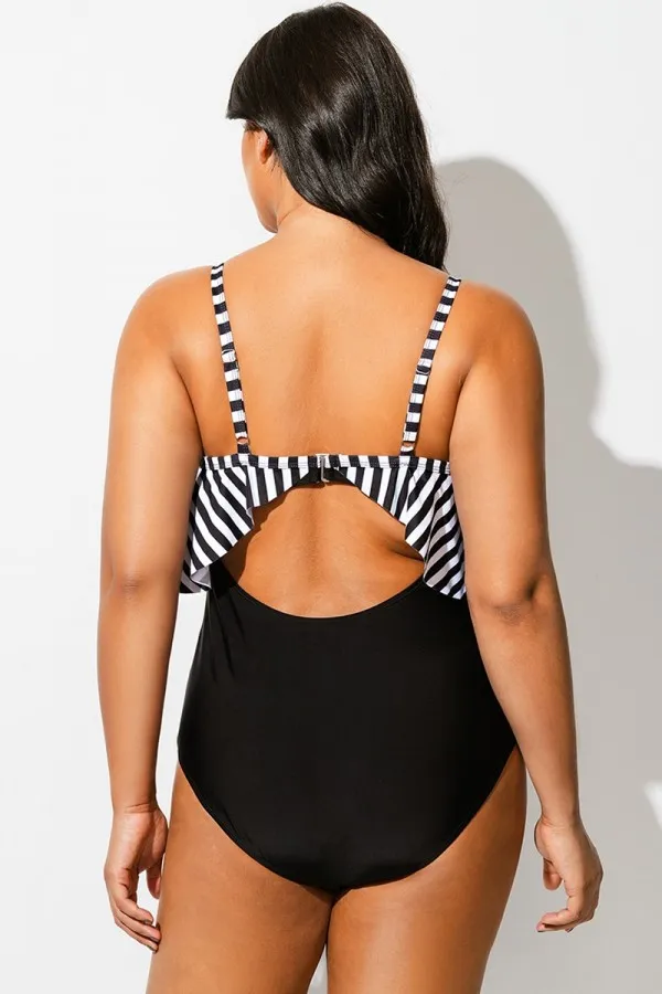 Black & White Striped Hem One Piece Swimsuit