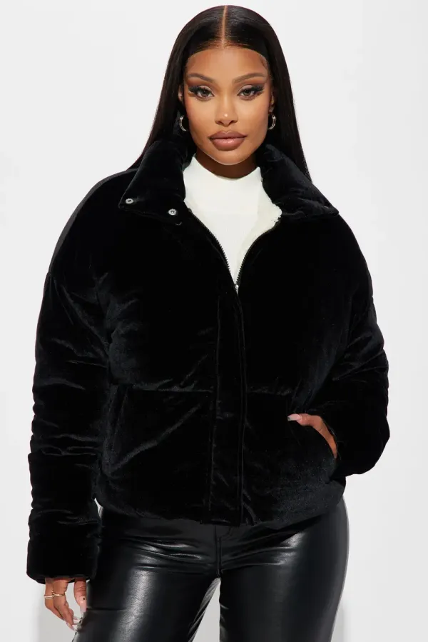 Cici Velvet Puffer Jacket - Black