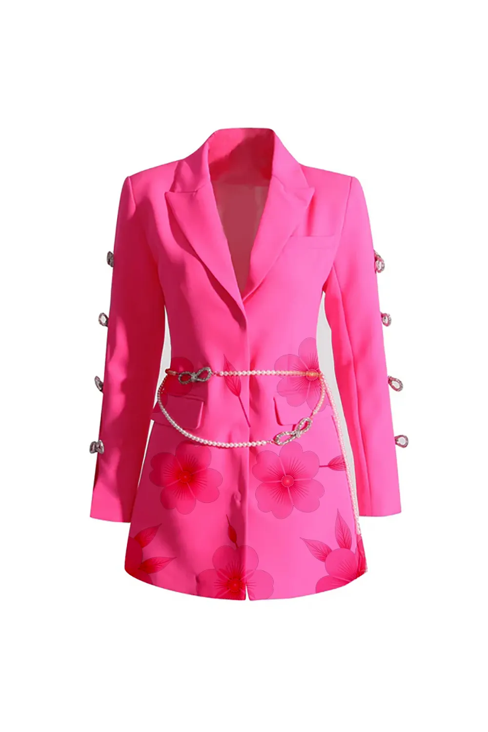 Sweet Faux Pearl Belted Cinched Waist Cutout Crystal Bow Party Blazer