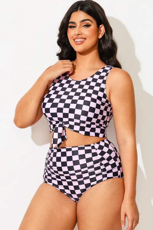 Black & Pink Check Knotted Crop Bikini Top