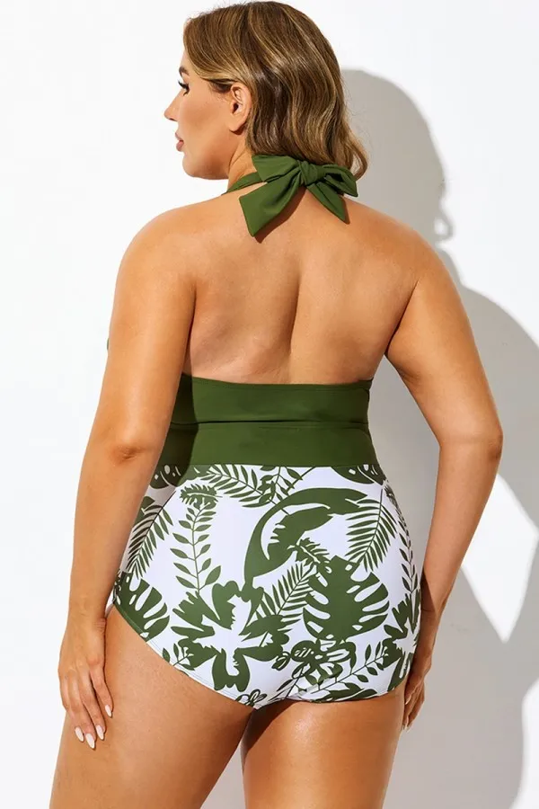 Green Tropical Print Spliced Halter One Piece Swimsuit
