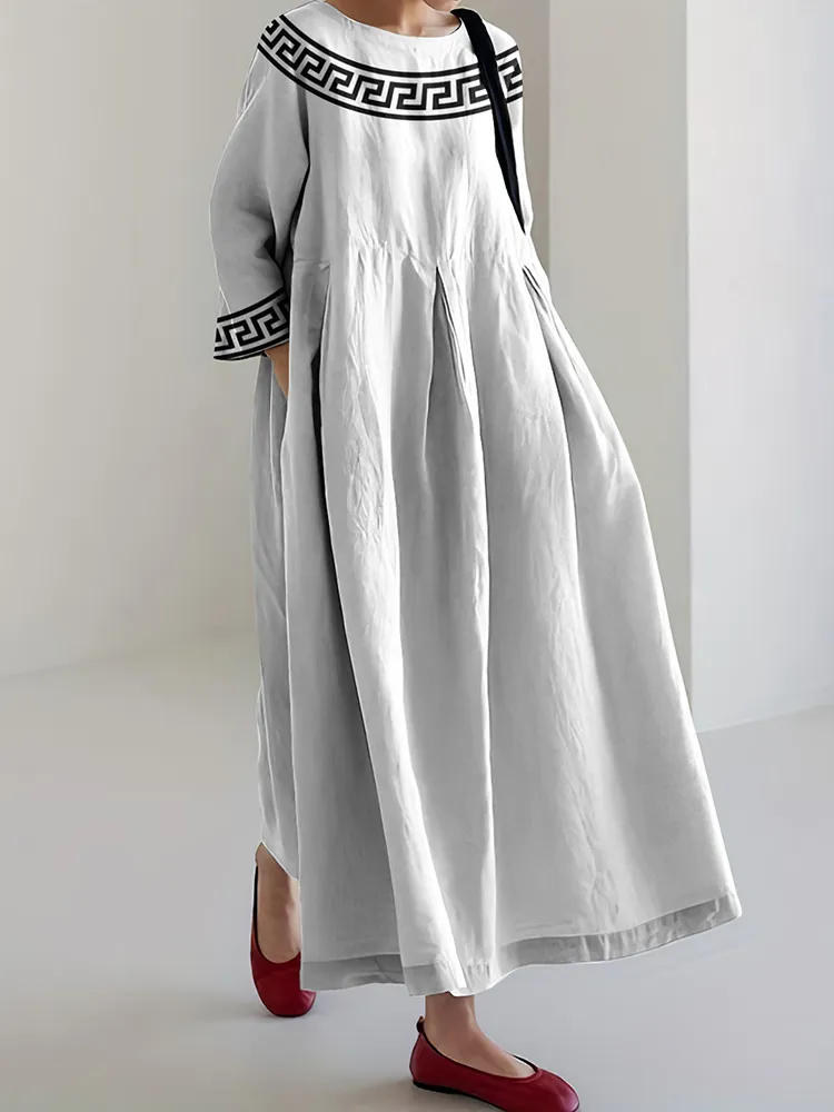 Greek Key Print Crew Neck Loose Midi Dress