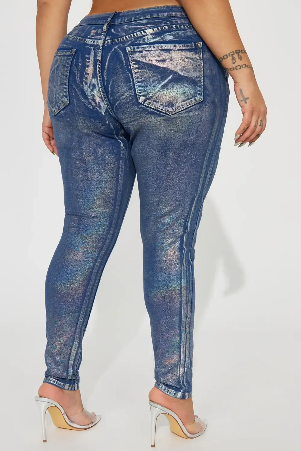 She's Glowing Metallic Foil Stretch Skinny Jeans - Silver