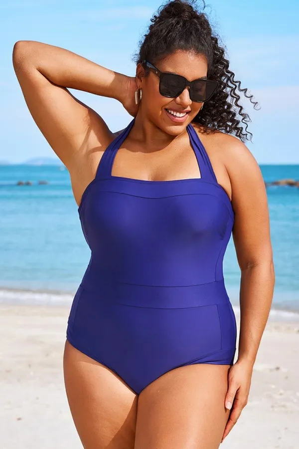 Navy Square Neck Halter One Piece Swimsuit