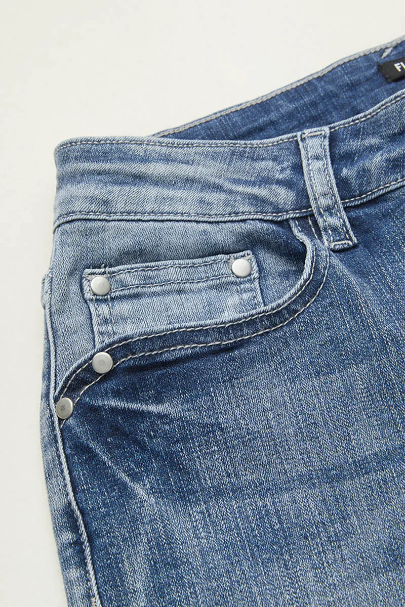 Embroidered Pocket Buttoned Hem Mid Waist Bootcut Jeans Without Belt