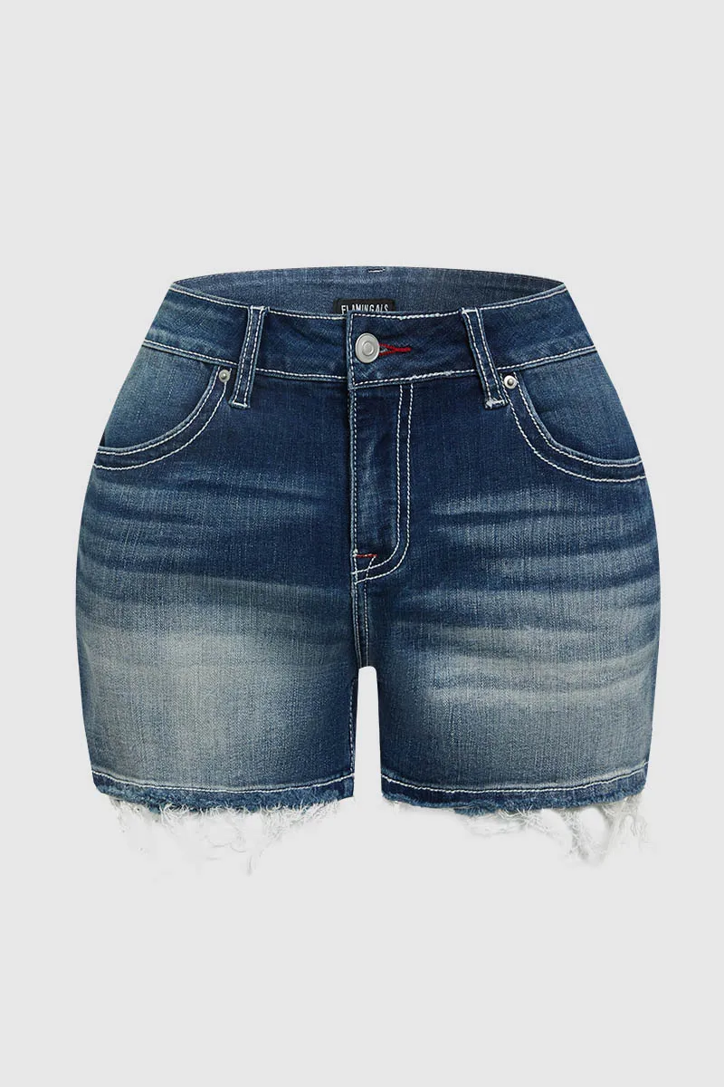 Stitch Pocket Raw Hem Mid Waist Denim Shorts