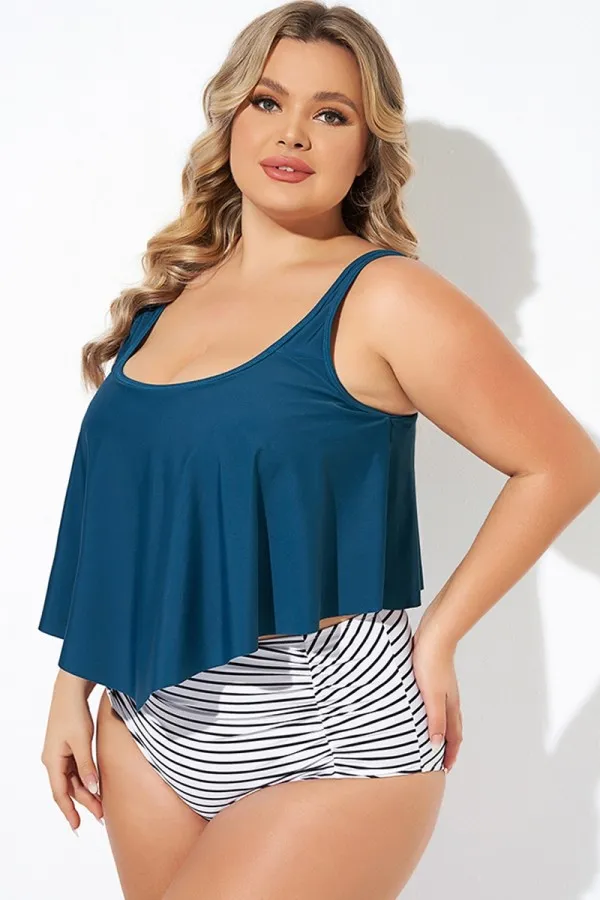 Striped Scoop Neck Ruched Flounce Blouson Tankini Top