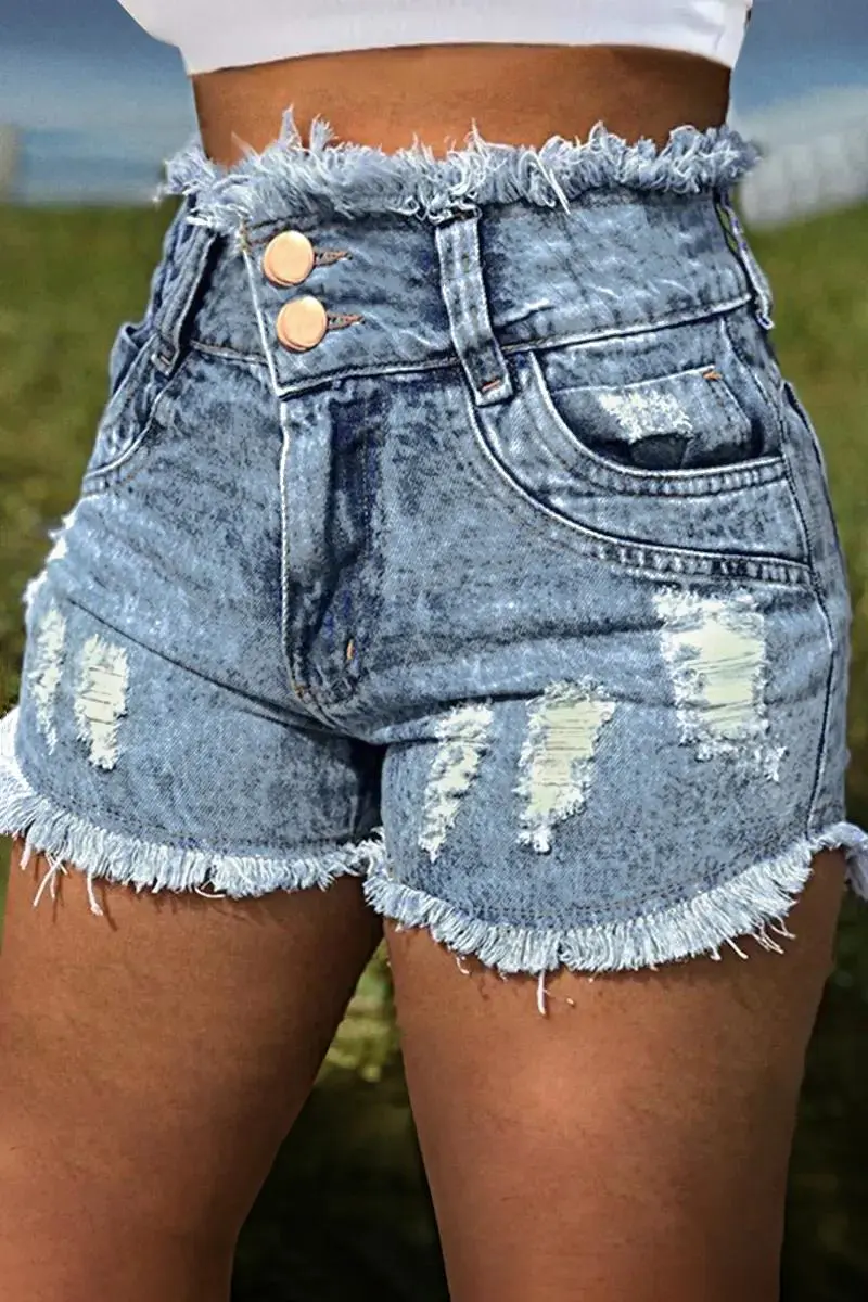 Ripped Raw Trim High Waist Denim Shorts