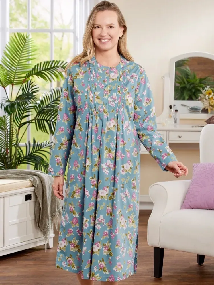 Ella Simone Pintuck Floral Long Cotton Nightgown