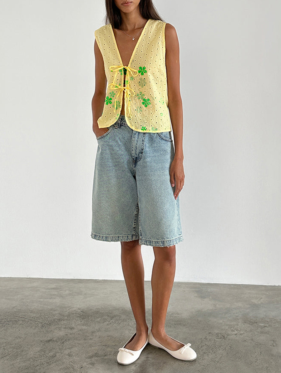 Broderie Yellow Tie Front Top