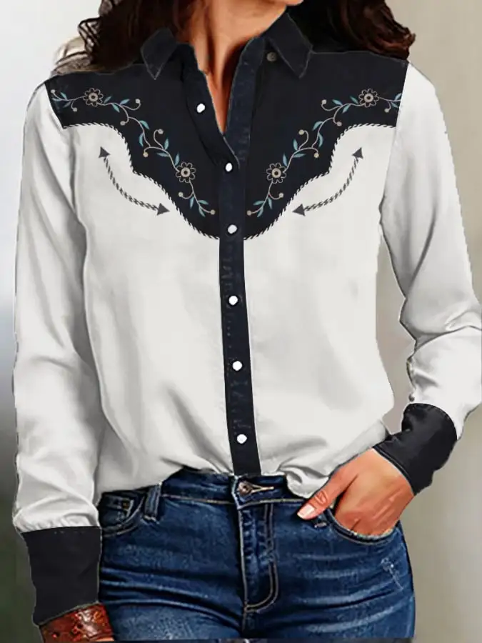Women's Vintage Western Print Long Sleeve Shirt