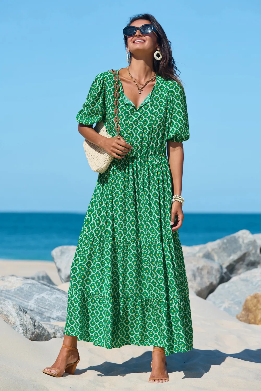 Boho Floral Notched Neck Puff Sleeve Midi Dress
