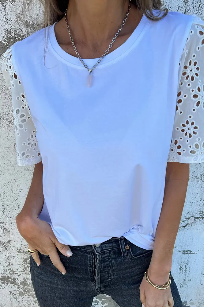 Women's solid color spliced hollow T-shirt