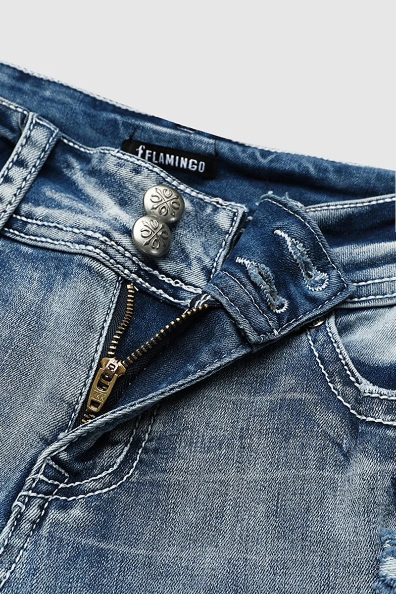 Wash Stretchy Ripped Flap Decor Low Waist Crop Jeans