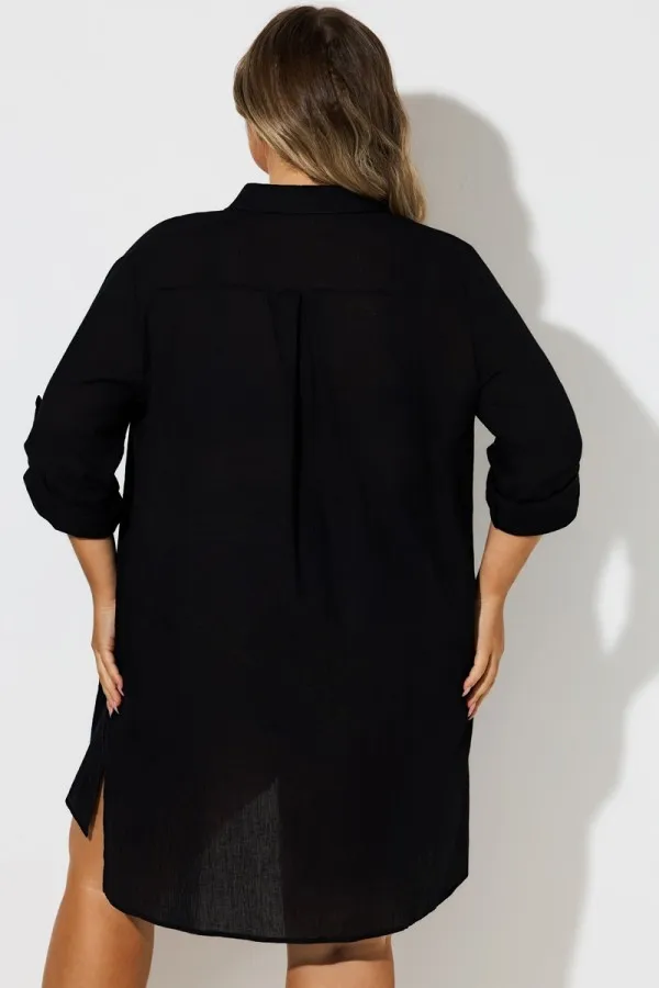 Black Button Front Swim Shirt Cover Up