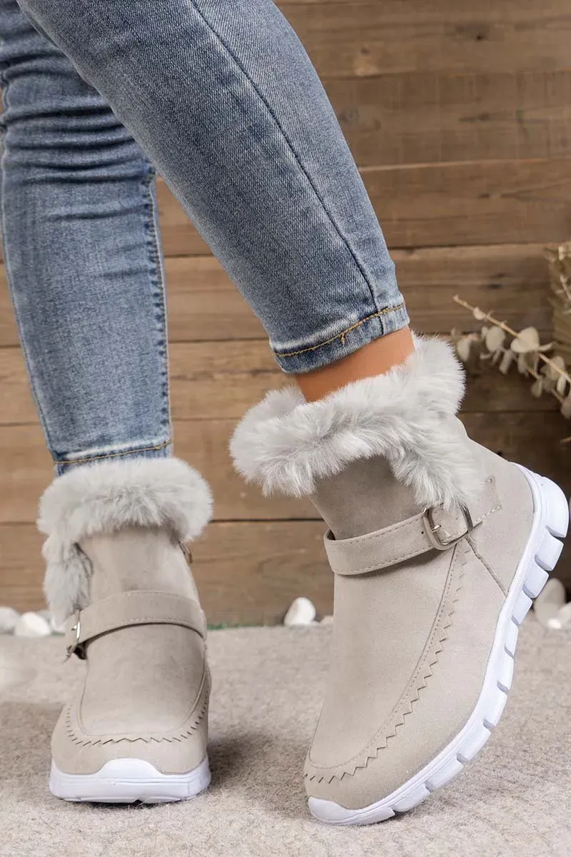 Women's round toe flat buckle side zipper thickened short boots
