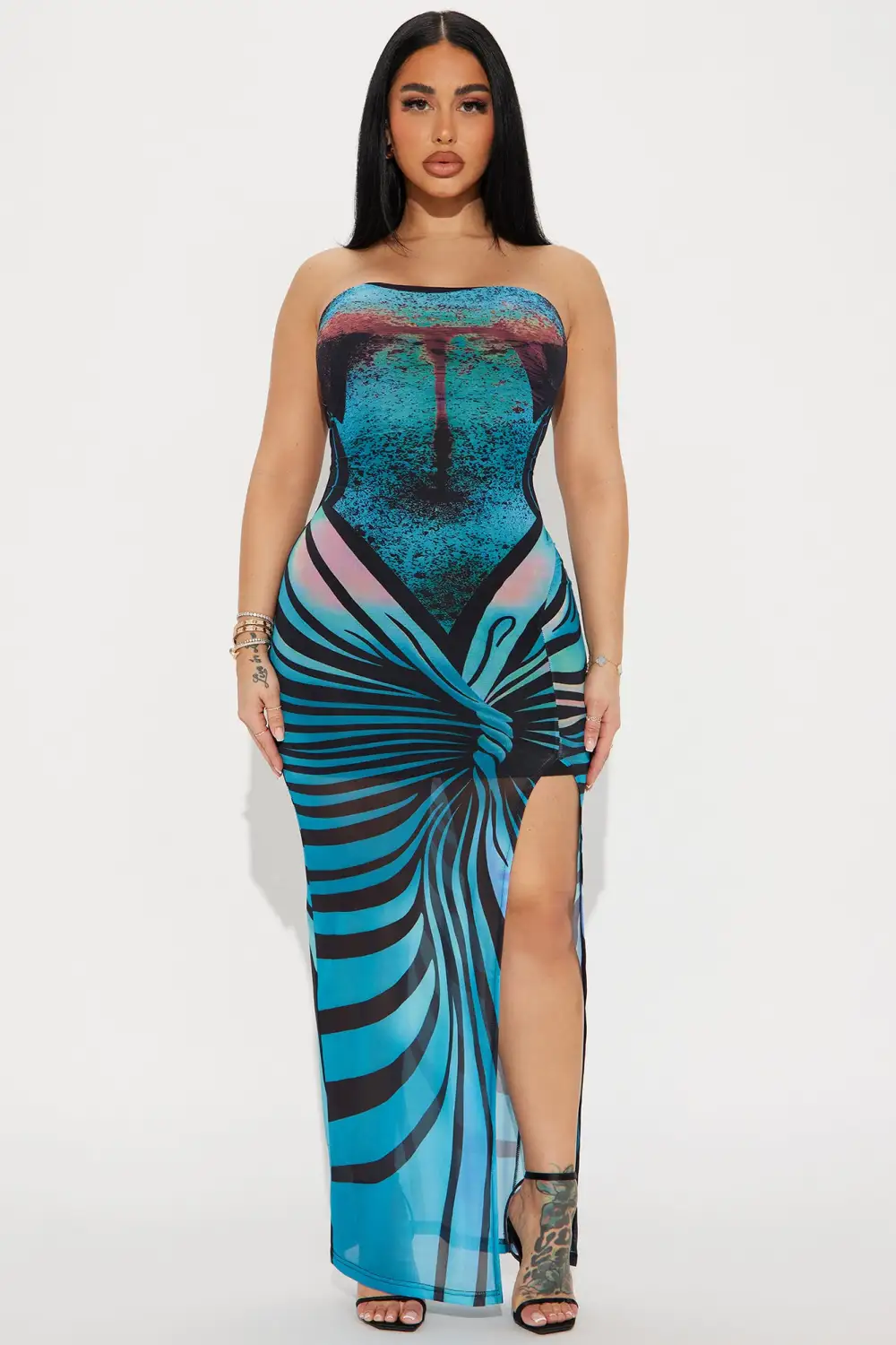 Fluttering Heart Mesh Maxi Dress - Blue/combo