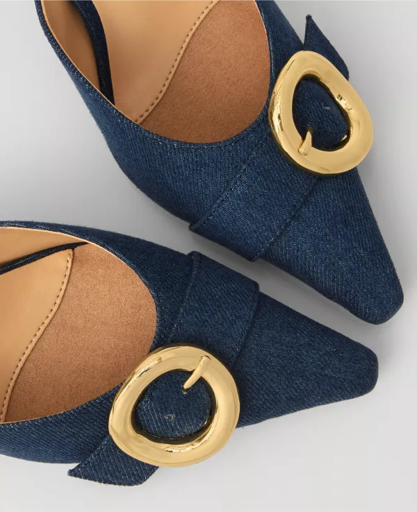 Buckle Nip Toe Denim Kitten Heels