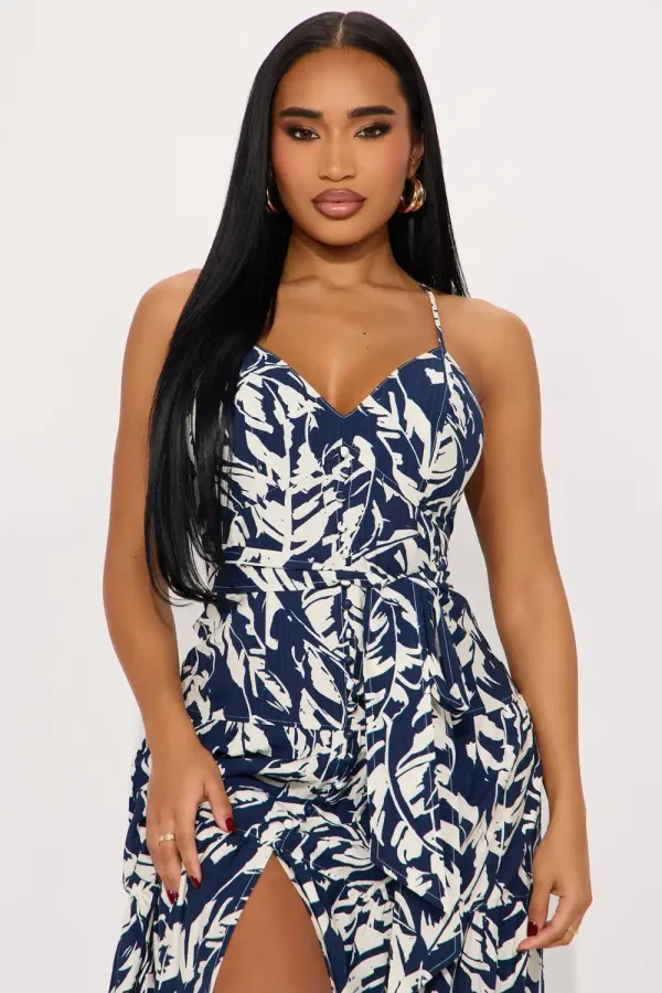 Chelsea Printed Linen Maxi Dress - Navy/combo