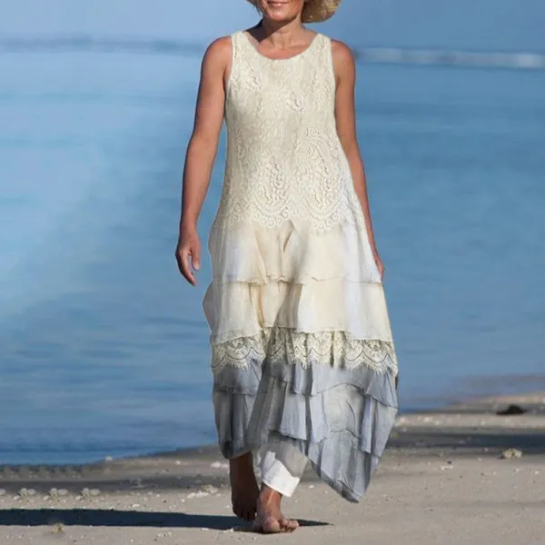Vintage Lace Layered Linen Blend Flowy Dress