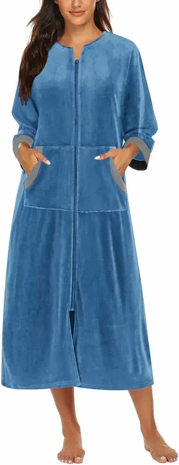 Women Zipper Robe 3/4 Sleeves Loungewear Dress Full Length Sleepwear Pockets Housecoat Nightgown Long Bathrobe