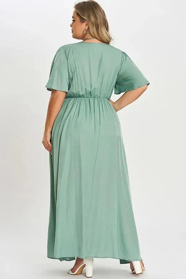 Green Flutter Sleeve Pocket Split Women Maxi Dress