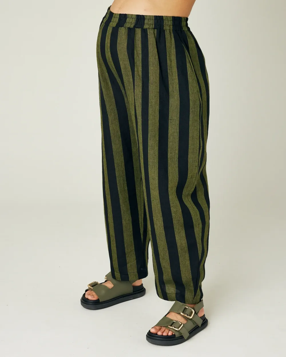 OLIVE AND BLACK STRIPE LINEN TROUSERS