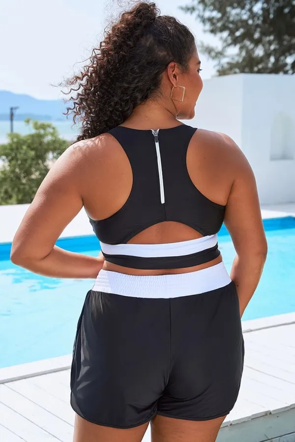 Round Neck Black & White Patchwork Bikini Top