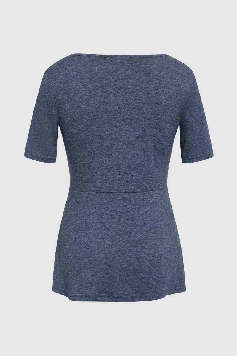 Solid Twist Front V Neck Short Sleeve T-Shirt
