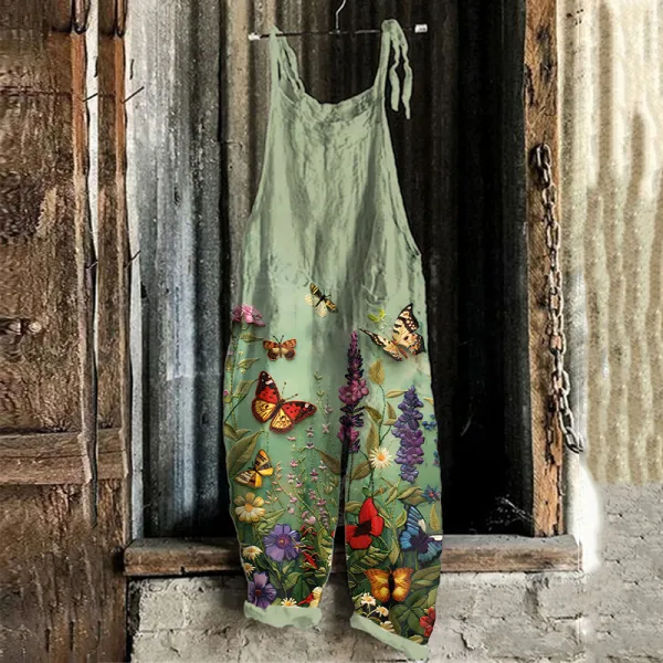 Women's Floral And Butterfly Embroidered Linen Blend Jumpsuit