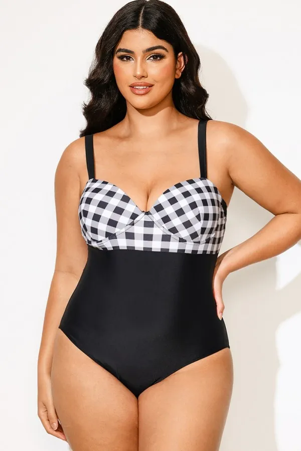 Lady Plaid Print Underwire One Piece Swimsuit
