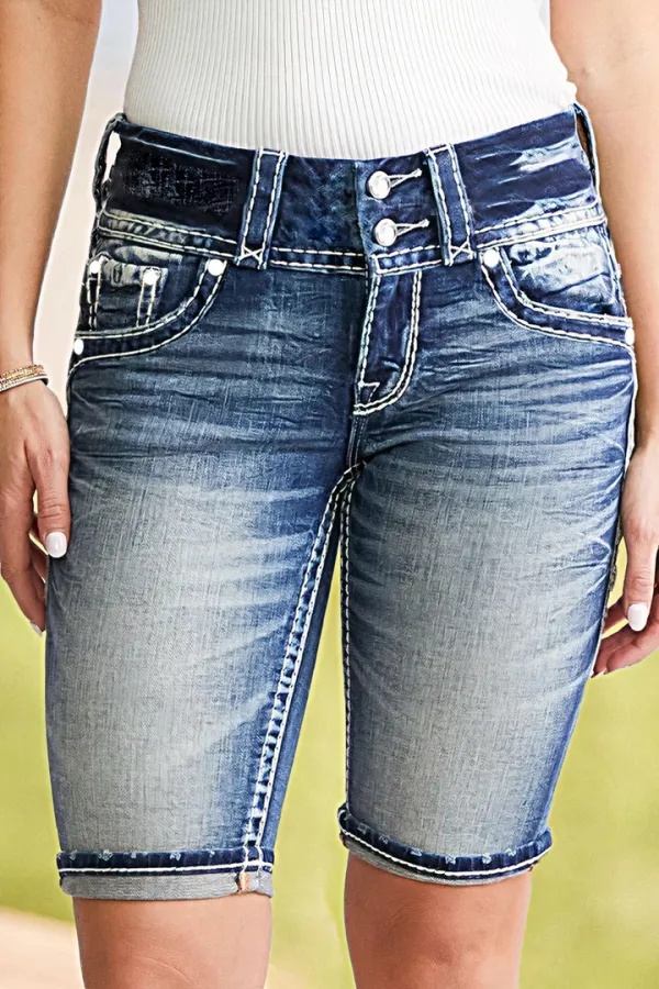 Double Button Ripped Roll Hem Mid Rise Denim Bermuda Shorts