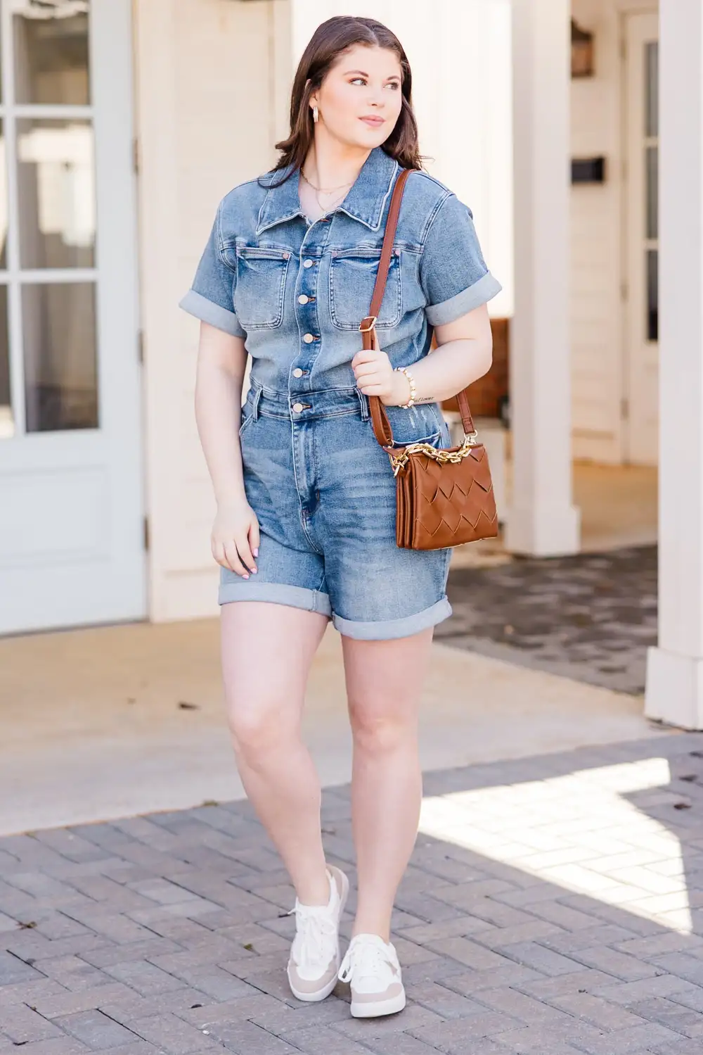 Judy Blue: Out And About Romper, Medium Wash