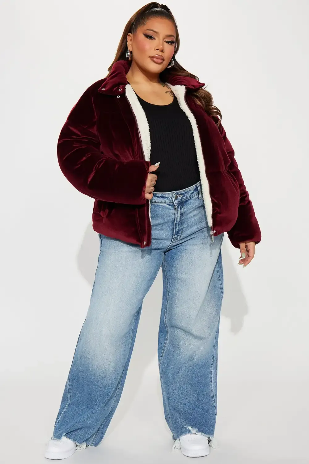 Cici Velvet Puffer Jacket - Burgundy