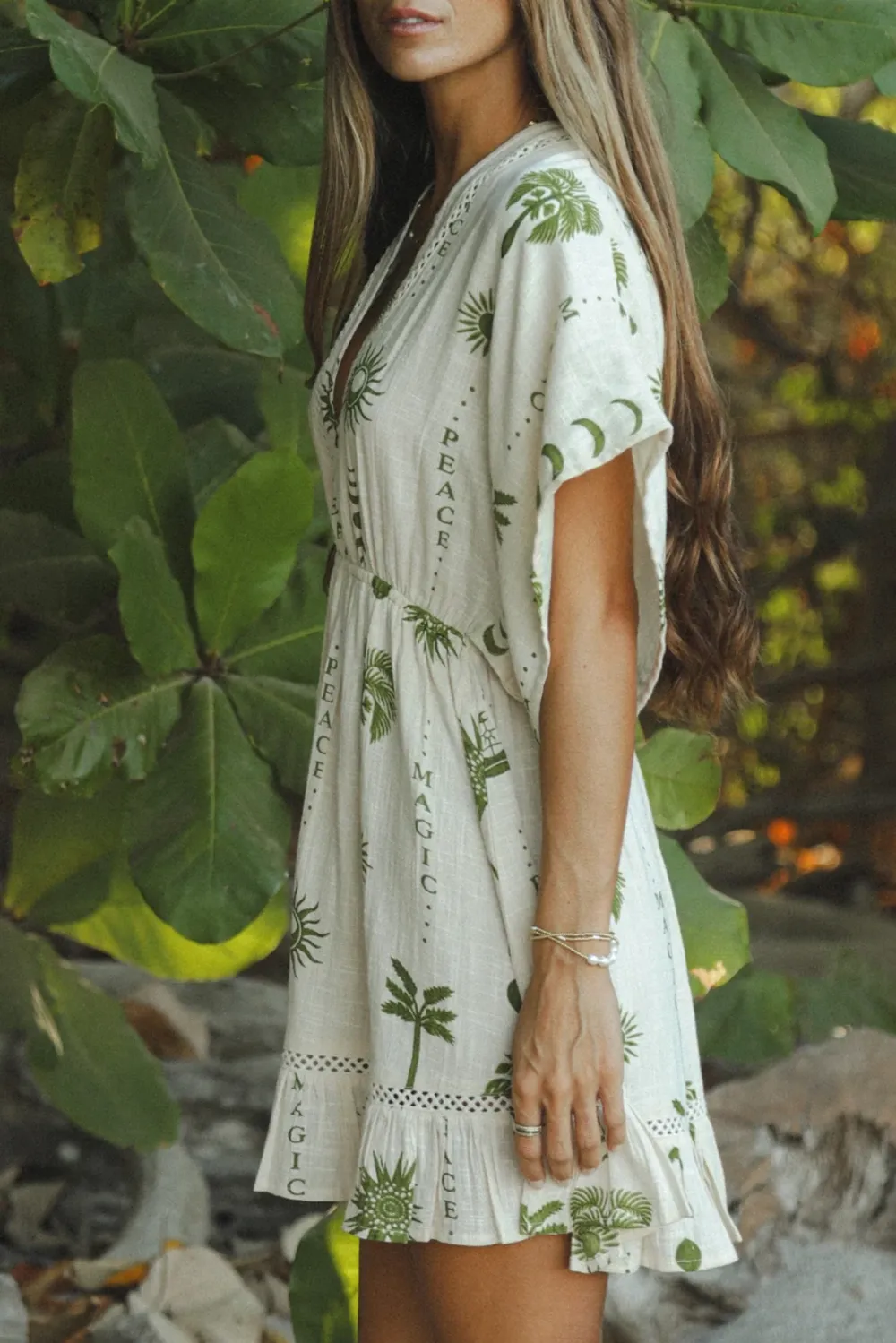 White And Green Palm Print V Neck Mini Dress