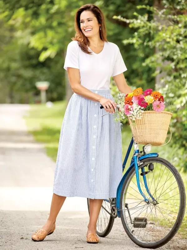 Button-Front Cotton Seersucker Skirt