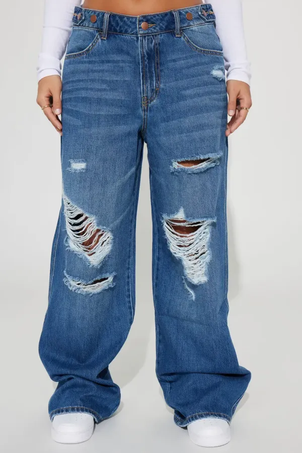 Rosaline Ripped Loose Straight Leg Jeans - Dark Wash