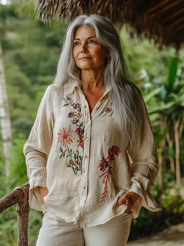 Vintage Bohemian Floral Embroidered Lapel Shirt